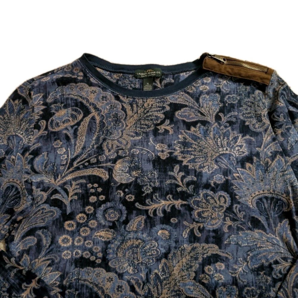 Vtg Lauren Jeans XL Paisley Suede Patch Equestrian Preppy BaseLayer Long Sleeve - Picture 3 of 14